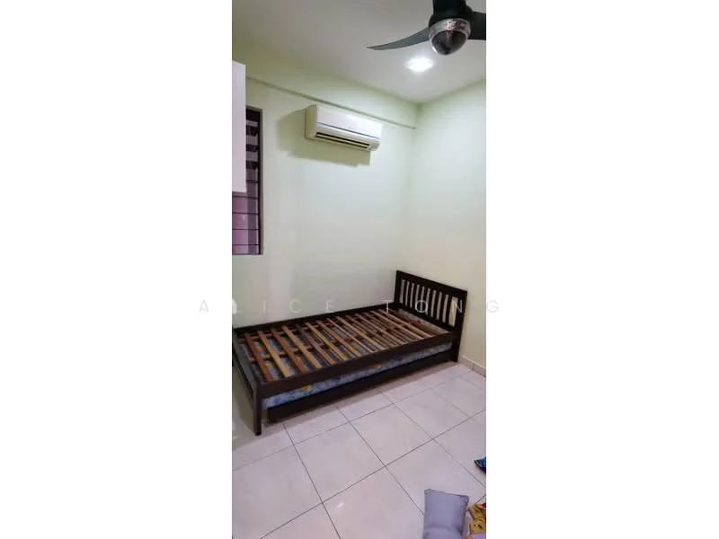 Bedroom features: single bed frame, mattress on bed frame, white painted walls, white ceiling, recessed downlights, 1 wall-mounted split AC, ceramic tile flooring, window with grille, ceiling fan.