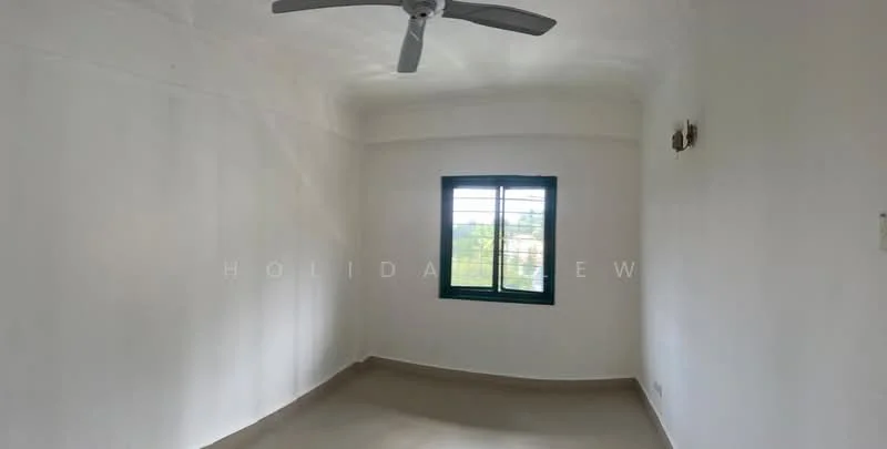 Room features: white painted walls, ceiling fan, single-pane window with green frame, plain ceiling, neutral flooring; style: minimalist; view: garden.