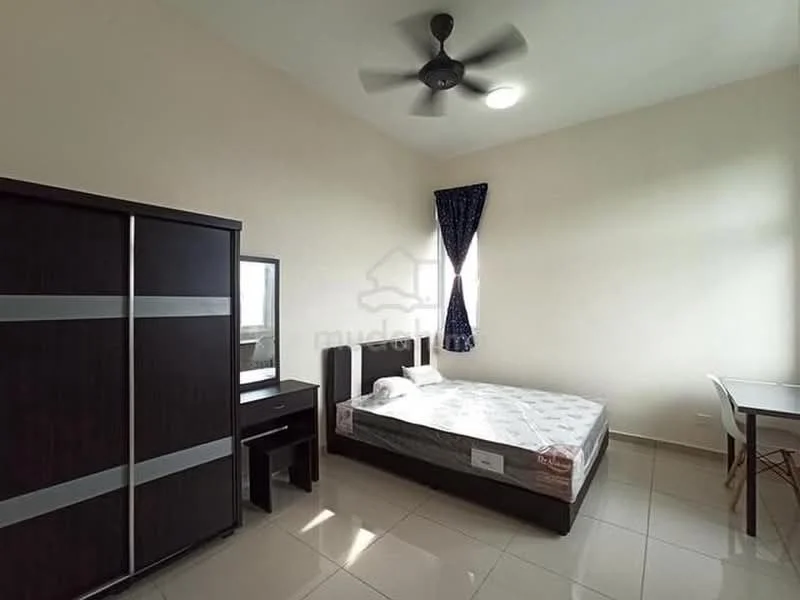 Bedroom features: queen-size bed, black wooden wardrobe, black wooden desk, chair, ceiling fan, window with blue curtain, light-colored walls, glossy tile flooring, LED ceiling light; style: modern.