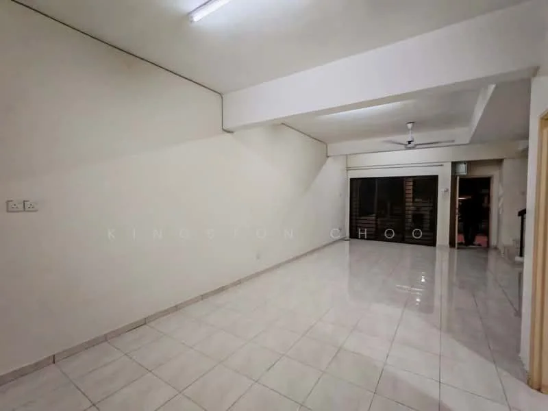 Living features: white painted walls, polished ceramic tile flooring, ceiling fan, sliding glass door, floor-to-ceiling windows, natural light from windows, recessed downlights, open layout; style: modern.