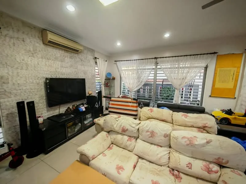 Living features: beige floral-patterned sofa, black TV console, wall-mounted flat-screen TV, white sheer curtains, recessed ceiling lights, air conditioning unit, light-colored tiled flooring, decorative wall with textured finish, black entertainment unit, toys on the floor; style: modern.