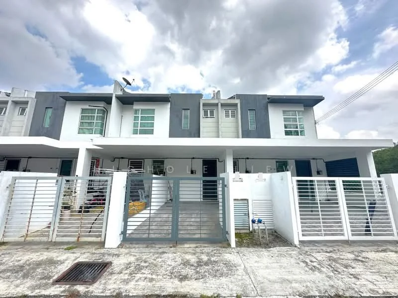 Exterior type: linked terrace house; features: two-storey building, grey and white painted facade, recessed balconies, glass windows, metal gate, concrete driveway, manicured lawn, satellite dish on roof, front porch area; style: modern.