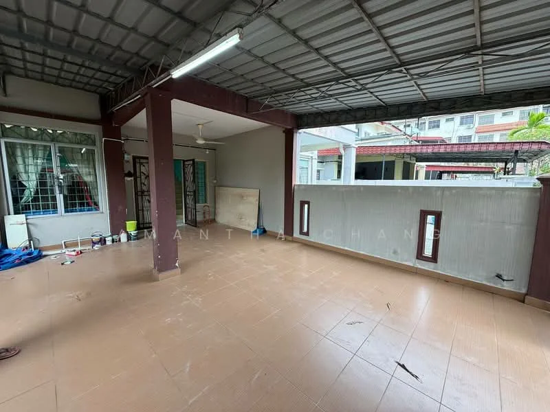 Room features: tiled flooring, metal roof, exposed beams, ceiling light fixture, sliding glass door, window with security bars, open space, concrete wall; style: modern; view: garden.