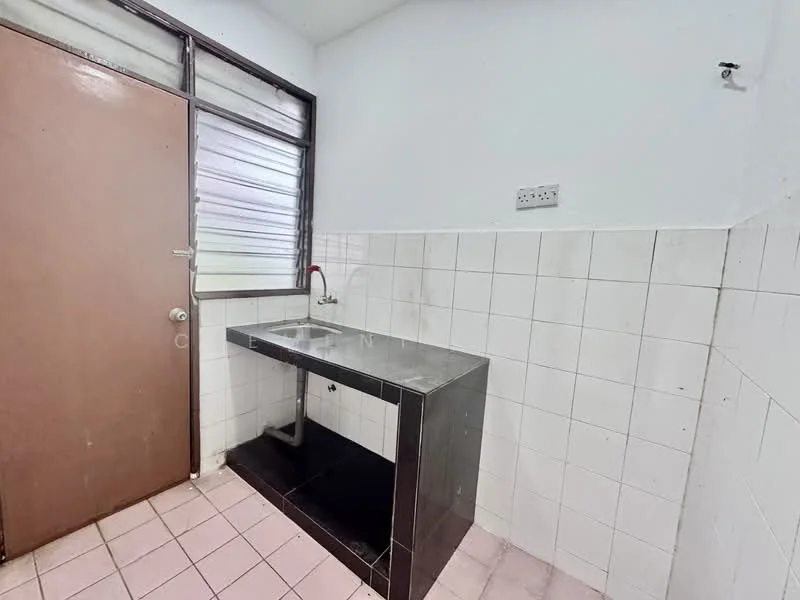 Laundry features: single-bowl stainless-steel sink, chrome pull-down faucet, black countertop, white tiled walls, pink tiled flooring, wooden door, window with horizontal slats.