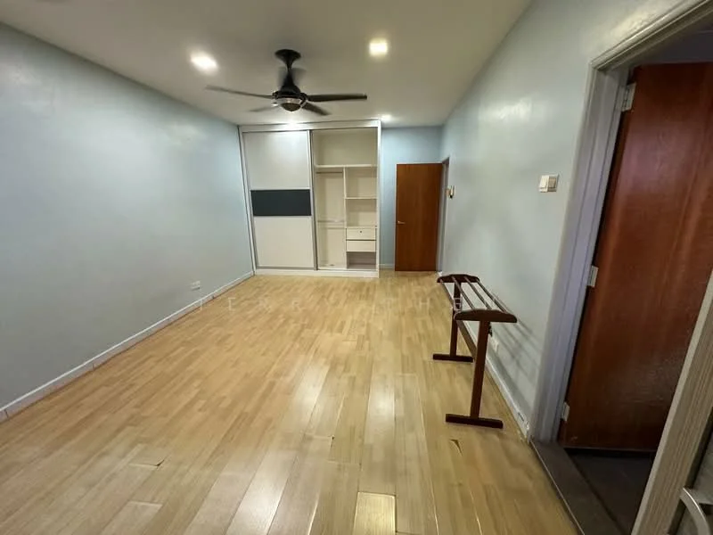 Room features: light wood flooring, white painted walls, ceiling fan, built-in wardrobe with sliding doors, doorway leading to another room, wall-mounted coat rack, recessed ceiling lights; style: modern.