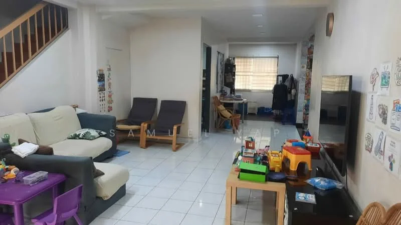 Living features: white painted walls, ceramic tile flooring, sofa with cushions, 2 armchairs, coffee table, TV console, wall-mounted TV, decorative children's artwork, area rug, window with blinds, light fixture, open layout to adjacent room; style: modern. Room features: desk with chair, shelves with books, clothes hanging, window with sheer curtains.
