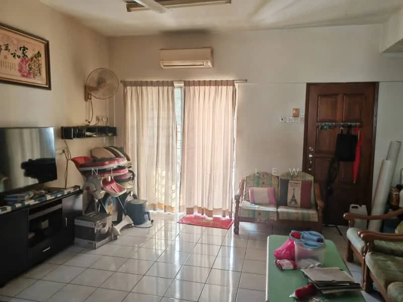 Living features: white painted walls, ceramic tile flooring, 5-blade ceiling fan, wall-mounted TV, wooden door, curtains, sofa with patterned upholstery, coffee table, air conditioning unit, decorative wall art, open shelving unit, stacked storage boxes.
