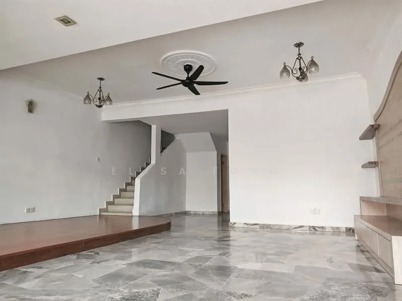 Living features: white painted walls, marble flooring, 5-blade ceiling fan, recessed downlights, chandelier lighting, staircase leading to upper floor, built-in wooden shelf, open layout; style: modern.