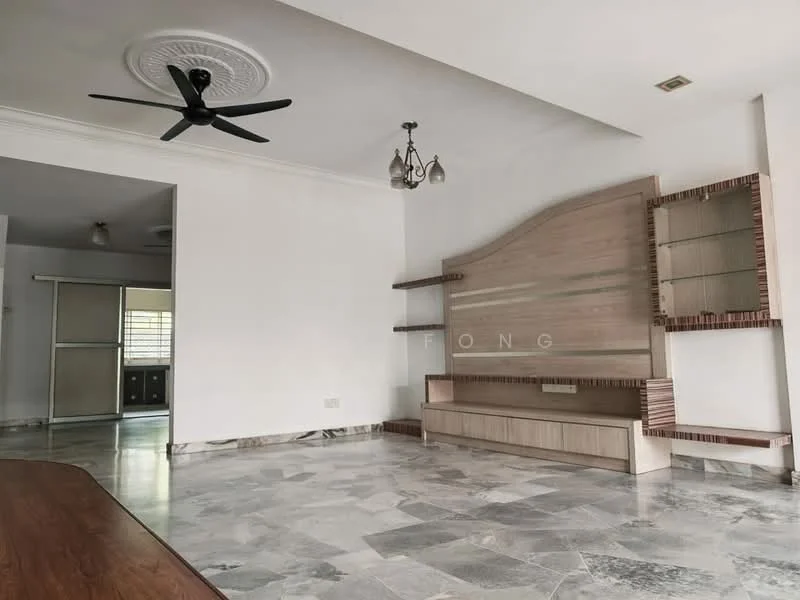 Living features: marble flooring, white painted walls, tray ceiling, 5-blade ceiling fan, chandelier, built-in wooden entertainment unit, open shelving, decorative wall paneling, large windows, natural light, neutral color palette; style: modern. Room features: white painted walls, marble flooring, large windows, natural light.