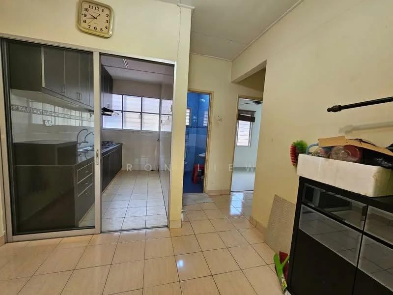 Kitchen features: grey cabinetry, stainless-steel sink, chrome pull-down faucet, white tiled backsplash, ceramic tile flooring, wall-mounted clock, window with natural light, kitchen countertop; style: modern. Room features: cream painted walls, ceramic tile flooring, doorway leading to another room, window with blinds.