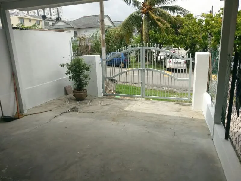 Exterior features: concrete flooring, metal gate, fenced perimeter, palm tree, potted plant, open space, driveway, surrounding greenery; style: modern.
