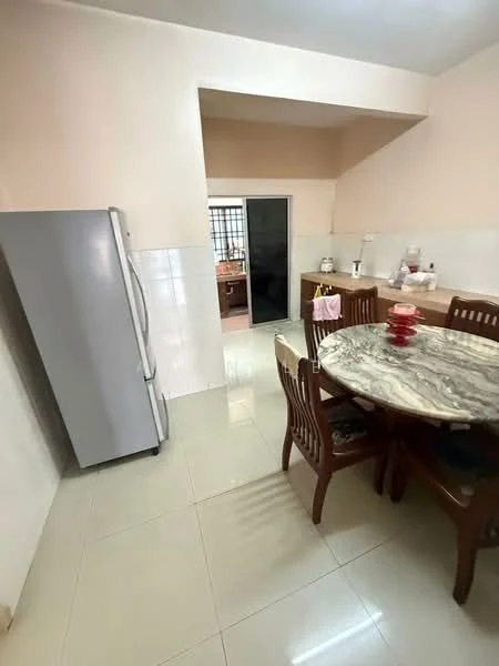 Kitchen features: grey stainless-steel fridge, marble dining table, wooden dining chairs, white tiled walls, glossy ceramic tile flooring, open layout to adjacent room, kitchen cabinetry, sink area; style: modern.