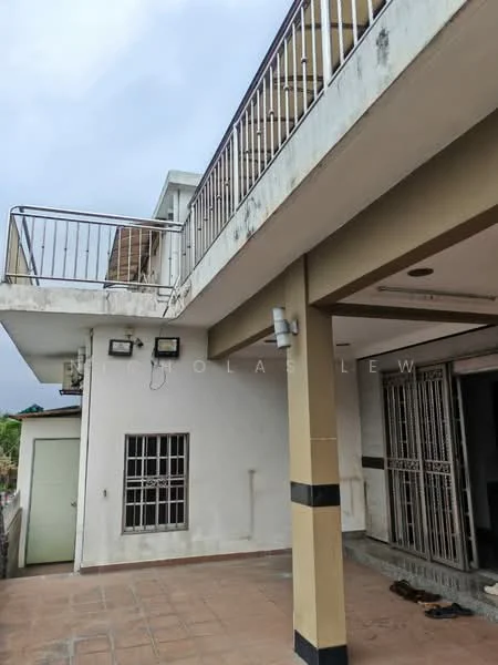 Exterior features: balcony with railing, terracotta tile flooring, exterior wall with cream paint, two wall-mounted lights, window with metal grille, sliding glass door, concrete columns, overhang roof.