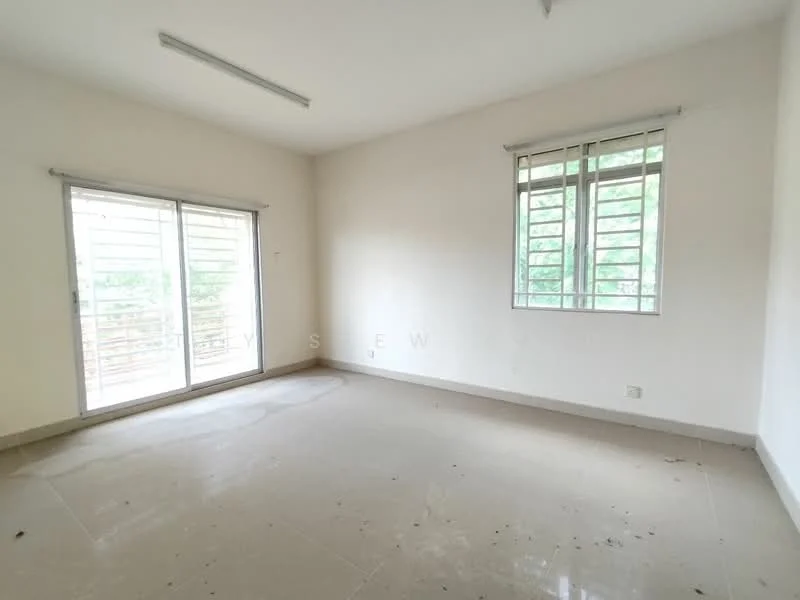 Room features: white painted walls, tile flooring, sliding glass door, casement window, natural light from windows, no visible furniture, minimal decor, neutral color scheme; view: garden.