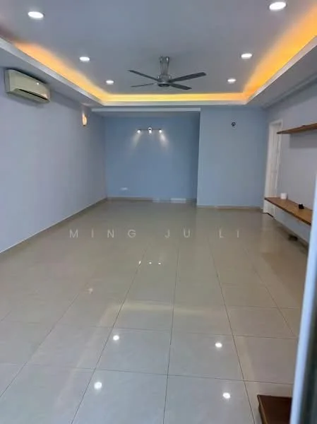 Living features: light blue painted walls, polished ceramic tile flooring, tray ceiling with recessed lighting, 5-blade ceiling fan, wall-mounted split AC, built-in wooden shelf, LED strip lighting, natural light from door, neutral decor; style: modern.