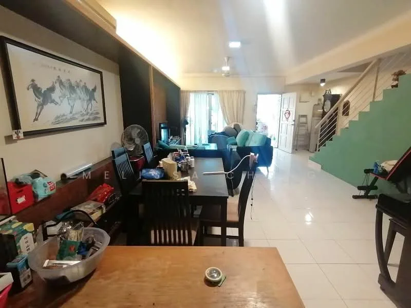 Living features: white painted walls, glossy tile flooring, ceiling fan, sofa in teal, wooden dining table with chairs, decorative wall art, large windows with sheer curtains, TV console, coffee table, area rug, open layout, staircase in background; style: modern.
