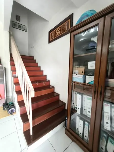 Room features: wooden staircase with white railing, white painted walls, ceramic tile flooring, wooden display cabinet, storage boxes, file boxes, decorative wall art; style: modern.