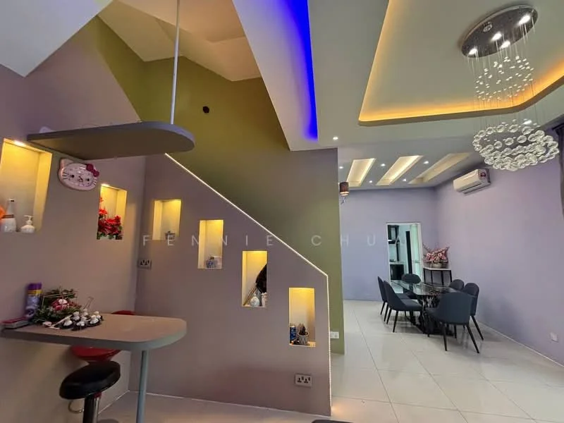 Room features: grey painted walls, green accent wall, recessed ceiling with LED strip lighting, white tiled flooring, decorative wall niches, round ceiling light fixture, bar counter with stools, dining area with circular table and upholstered chairs, air conditioning unit on wall, decorative plants on table; style: modern.