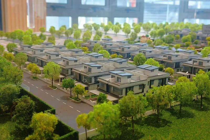 Exterior type: linked terrace house; features: manicured lawn, mature trees, paved walkway, two-storey houses, flat roof, driveway, surrounded by greenery, neat landscaping; style: modern.
