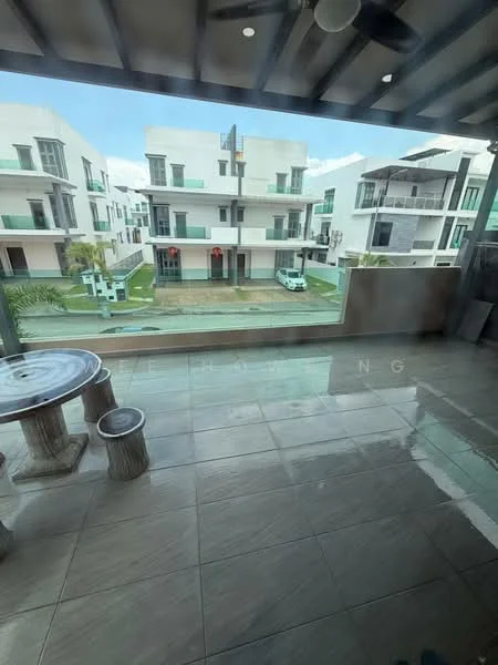 Room features: large sliding glass door, floor-to-ceiling windows, grey tiled flooring, exposed beams on ceiling, ceiling fan, outdoor view, balcony railing, outdoor furniture; style: modern; view: garden.