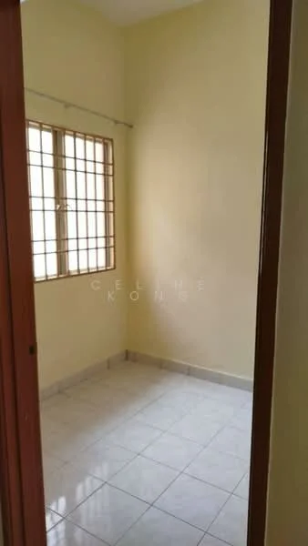 Room features: yellow painted walls, white tiled flooring, square windows with grid pattern, no visible furniture, natural light from window, corner room, plain ceiling, no visible decor.