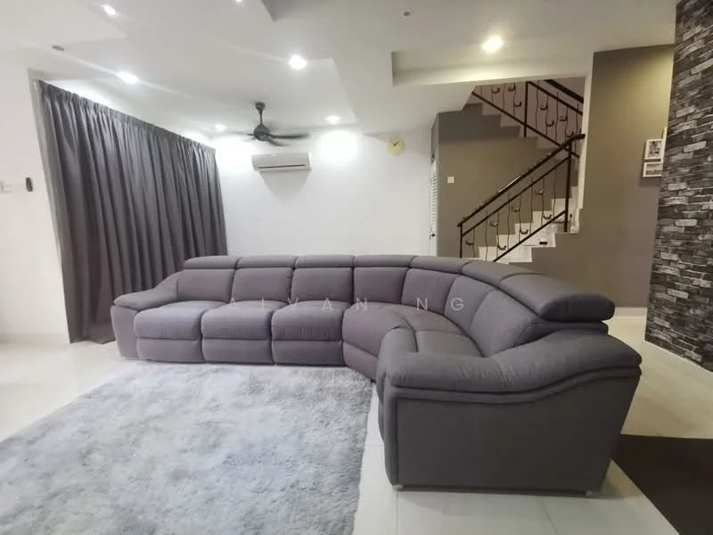 Living features: L-shape sectional sofa in grey, area rug with solid pattern, recessed downlights, 5-blade ceiling fan, wall-mounted split AC, grey accent wall with stone cladding, white painted walls, marble tile flooring, curtains in dark grey; style: modern.