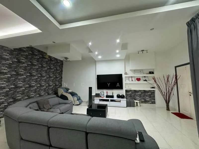Living features: grey fabric sectional sofa, white TV console, wall-mounted flat-screen TV, stone accent wall, recessed ceiling lights, white painted walls, marble tile flooring, decorative branches in vase, open shelving unit, black coffee table; style: modern.