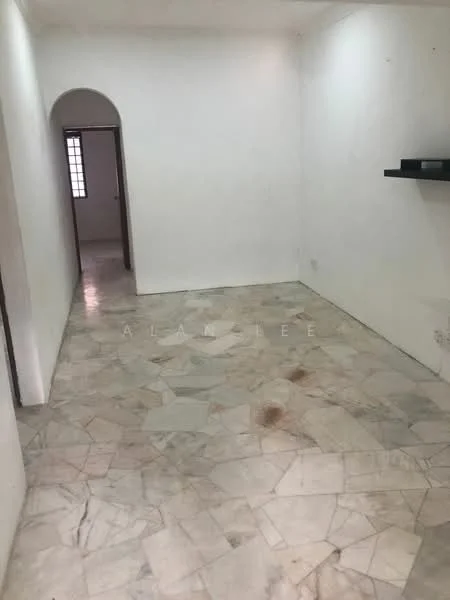 Room features: white painted walls, marble flooring, arched doorway, single window, shelf on wall, neutral color scheme; style: minimalist.