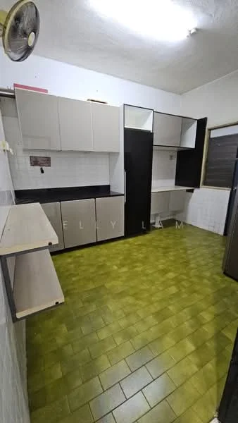 Kitchen features: green vinyl tile flooring, white tiled walls, black and white cabinetry, upper cabinets with flat-panel doors, lower cabinets with flat-panel doors, black countertop, open shelving, wall-mounted fan, window with horizontal blinds, refrigerator.