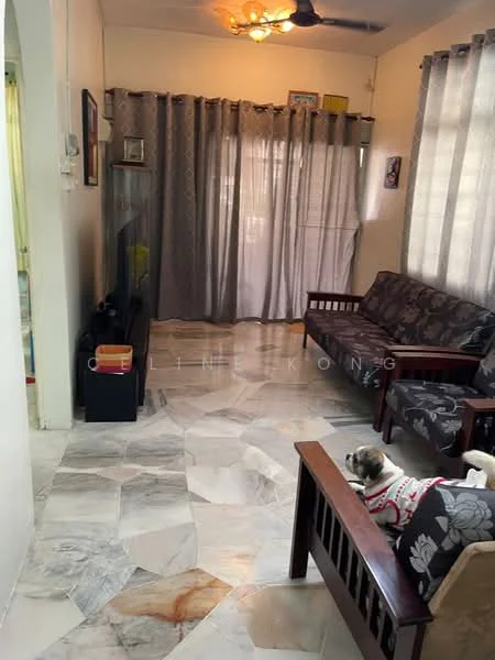 Living features: marble flooring, white painted walls, curtains in grey, 5-blade ceiling fan, sofa with floral pattern, wooden coffee table, TV console, wall-mounted TV, decorative wall art, area rug, dog on sofa; style: contemporary.