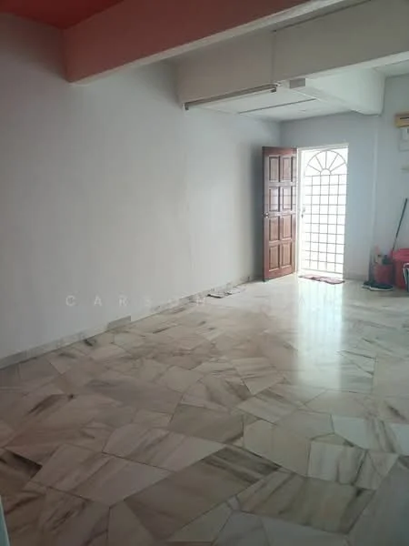 Room features: white painted walls, marble tile flooring, wooden door, glass panel door, ceiling light, air conditioning unit, corner space, natural light from window.