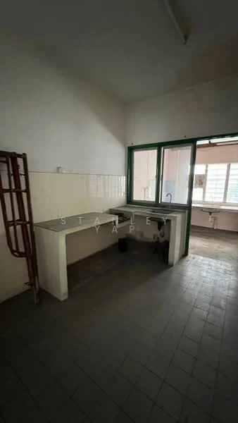 Kitchen features: white tiled walls, grey tiled flooring, single-bowl stainless-steel sink, chrome faucet, countertop with space for appliances, large window with green frame, open layout, built-in cabinetry; view: city.