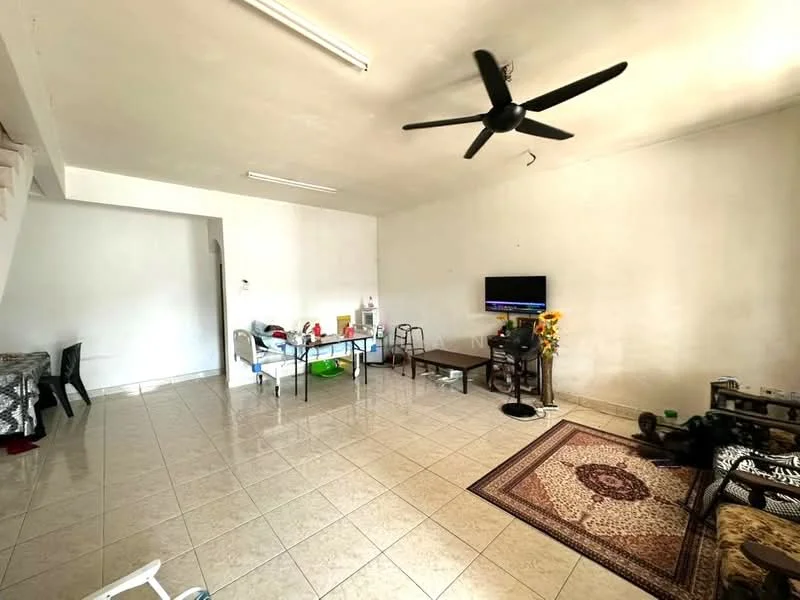 Living features: white painted walls, tile flooring, 5-blade ceiling fan, wall-mounted TV, area rug with geometric pattern, dining table with chairs, decorative plants, sofa, coffee table.
