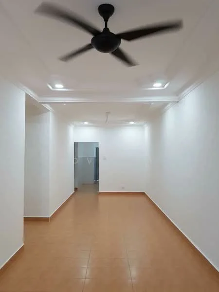 Room features: white painted walls, tile flooring in beige, 5-blade ceiling fan, recessed downlights, crown moulding, open layout, no visible furniture, neutral decor; style: modern.