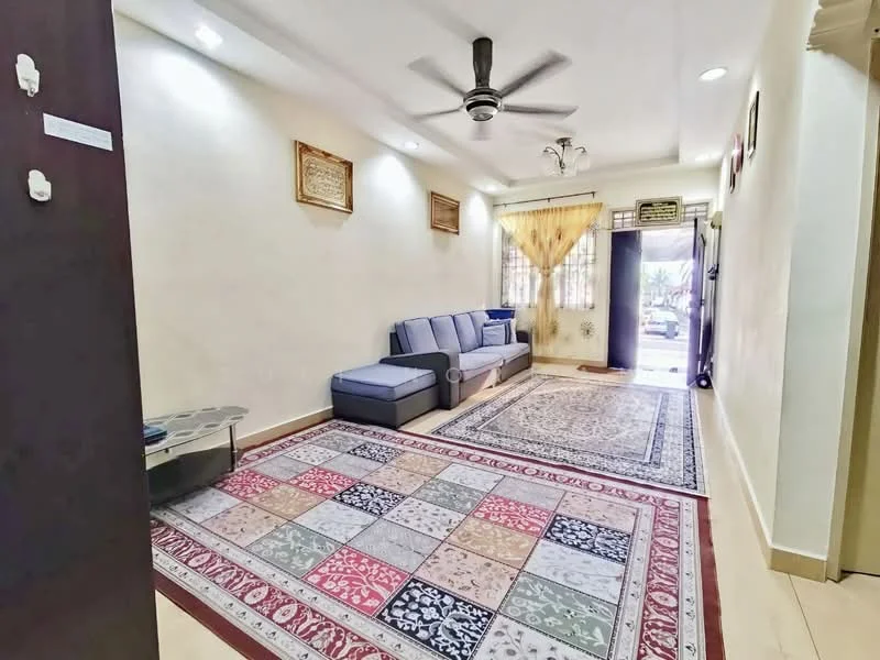 Living features: 3-seater fabric sofa in grey, area rug with geometric pattern, ceiling fan, wall-mounted TV, decorative wall art, curtains, light-colored painted walls, tile flooring; style: modern.