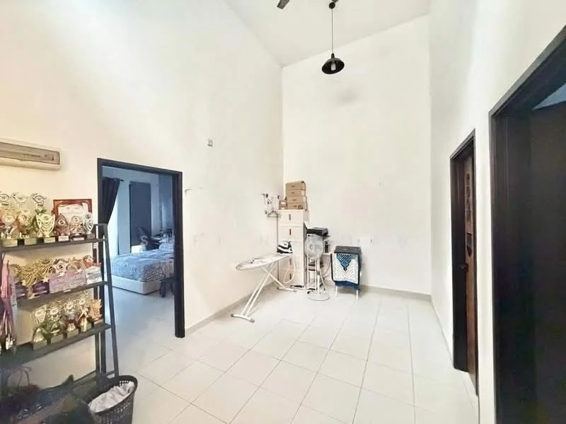 Room features: white painted walls, tiled flooring, high ceiling, ceiling fan, air conditioning unit, iron board, storage shelves, doorway leading to another room, doorway leading outside.