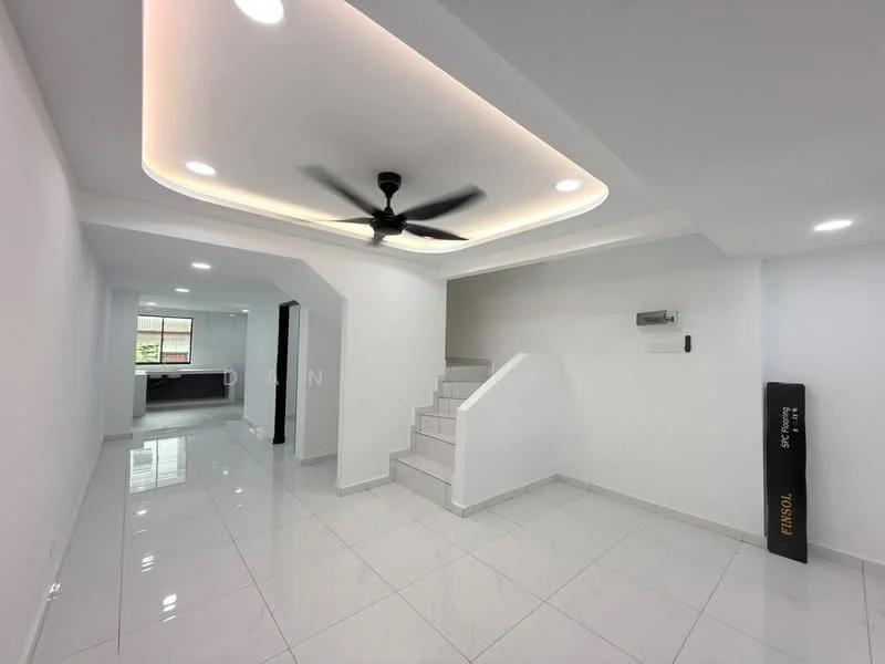 Living features: white painted walls, glossy white tile flooring, tray ceiling with recessed lighting, 5-blade ceiling fan, air conditioning unit, staircase leading to upper floor, large window for natural light, open layout to adjacent kitchen; style: modern.