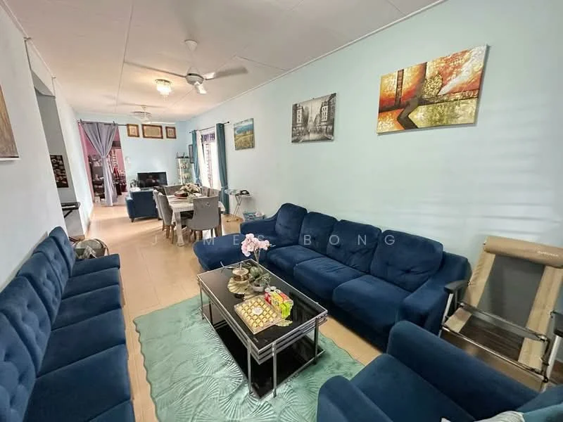 Living features: blue fabric sectional sofa, 2-seater blue fabric sofa, glass coffee table, area rug with geometric pattern, ceiling fan, wall-mounted TV, decorative wall art, wooden flooring, natural light from windows, open layout to dining area; style: modern.