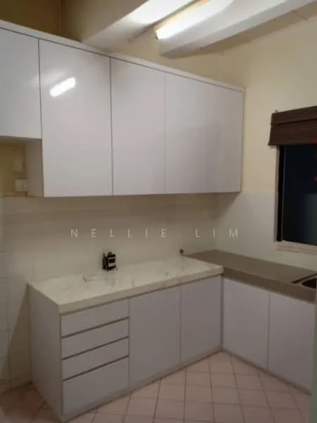 Kitchen features: white laminate cabinetry, marble countertop, single-bowl stainless-steel sink, chrome pull-down faucet, built-in cabinets with drawers, tile backsplash, window with brown roller blinds, pink ceramic tile flooring, overhead fluorescent lighting; style: modern.