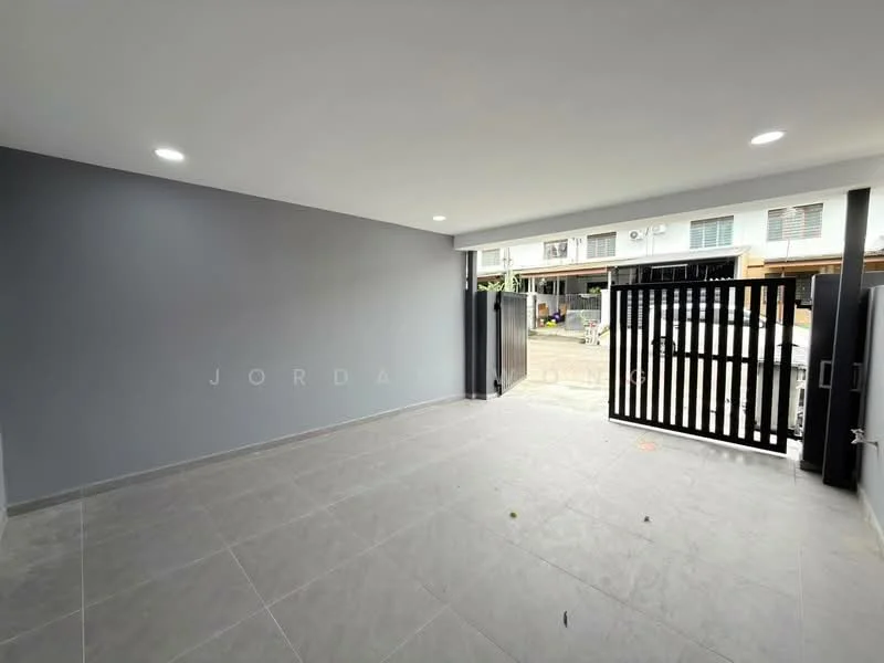 Room features: grey painted walls, grey tiled flooring, recessed LED downlights, sliding glass door, black metal gate, large window, open layout, no visible furniture; style: modern; view: street.