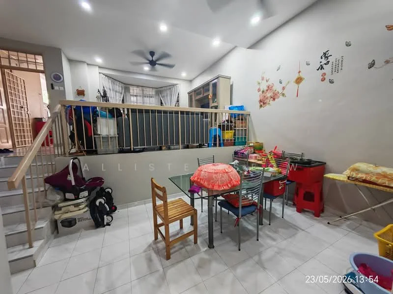 Living features: white painted walls, tile flooring, 5-blade ceiling fan with light, wooden staircase, decorative wall art, dining table with chairs, plastic storage bins, colorful children's toys, sofa, open layout, natural light from windows; style: modern.