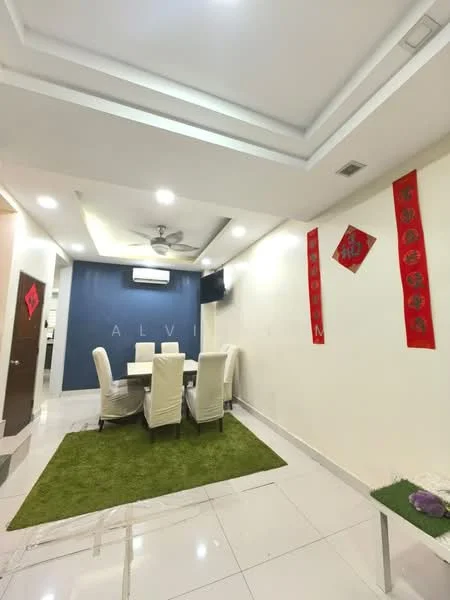 Dining features: 4-seater dining table, upholstered dining chairs in white, green area rug, white tiled flooring, recessed ceiling with LED lights, 5-blade ceiling fan, blue accent wall, decorative wall hangings, air conditioning unit; style: modern. Room features: white painted walls, doorway leading to kitchen, open layout.