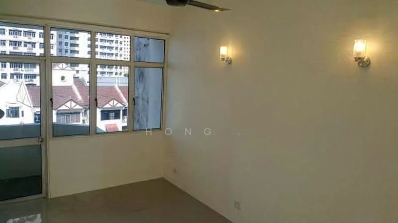 Room features: white painted walls, polished concrete flooring, floor-to-ceiling windows, 2 wall-mounted sconces, ceiling fan, view of neighboring buildings; style: modern; view: city.