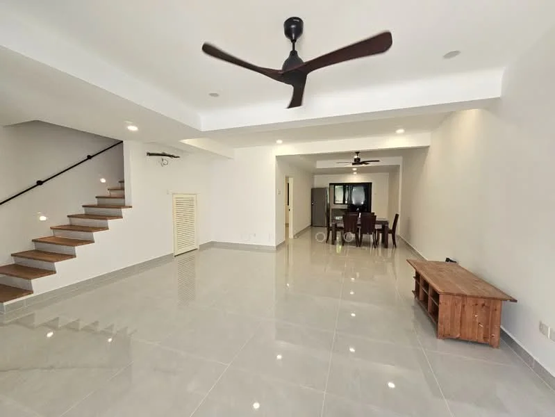 Living features: grey polished tile flooring, white painted walls, 5-blade ceiling fan with light, recessed downlights, wooden console table, open layout, large windows for natural light, staircase with wooden steps; style: modern.