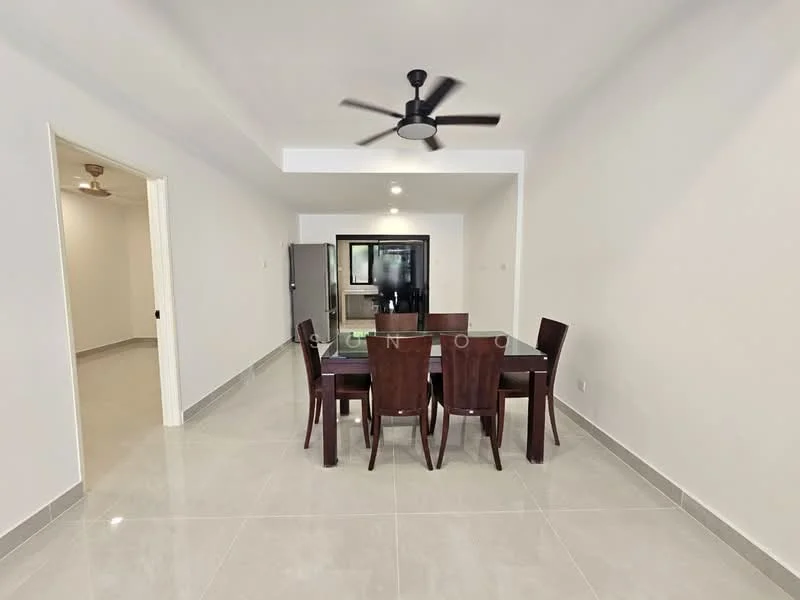 Dining features: 6-seater dining table, dark wood dining chairs, ceiling fan with light, white painted walls, grey tile flooring, recessed downlights, fridge, open layout, natural light from adjacent room; style: modern. Room features: grey tile flooring, white painted walls, recessed downlights, ceiling fan.