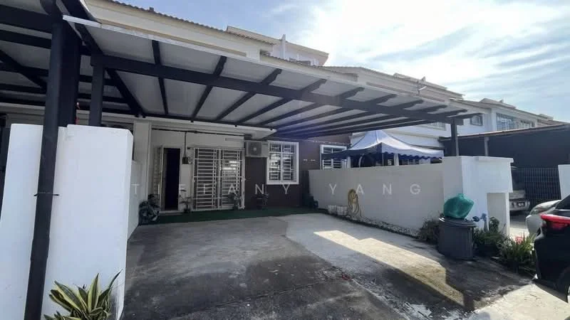 Exterior type: linked terrace house; features: covered car porch with awning, concrete flooring, white painted facade, manicured garden area, sliding glass door, security grille, outdoor seating area, visible air conditioning unit, potted plants, blue and white tent, surrounding residential buildings; style: modern.