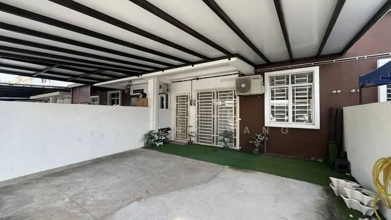 Exterior type: linked terrace house; features: covered car porch, white painted walls, green grass patch, air conditioning unit, sliding glass doors, metal roof with beams, paved concrete flooring, decorative plants, fence, windows with grilles; style: modern.
