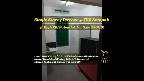 Floor plan: 5-bedroom 6-bathroom unit; features: single-storey layout, 5 bedrooms, 6 bathrooms, land size 1331 sqft, 20' width, hostel furnished, suitable for TARUMT students, high ROI potential.