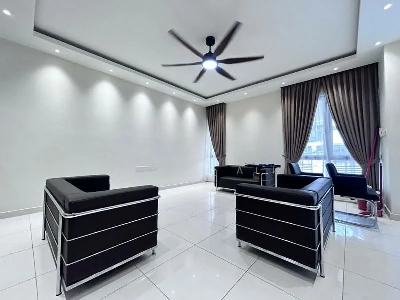 Living features: white painted walls, recessed downlights, 5-blade ceiling fan with integrated LED light, glossy white tile flooring, black leather armchairs, black coffee table, floor-to-ceiling windows with sheer curtains, dark brown curtains, decorative wall paneling; style: modern.