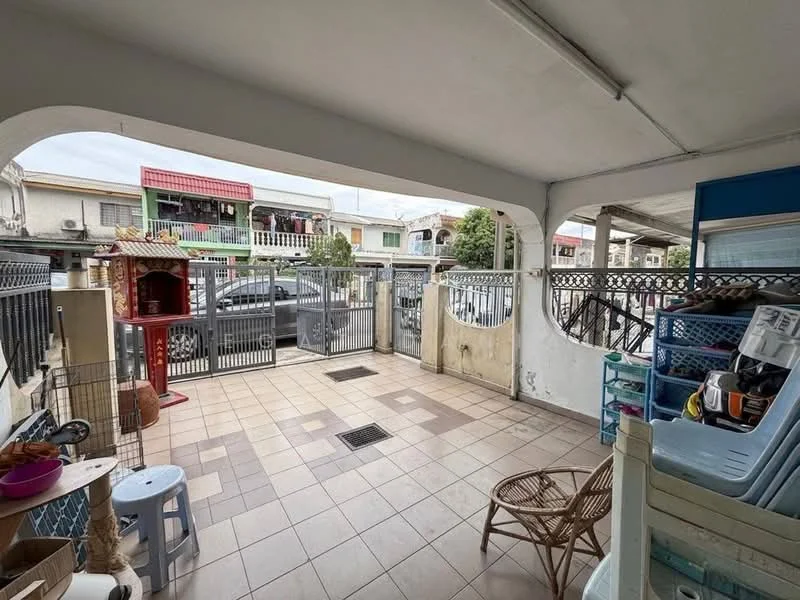Room features: tiled flooring, covered ceiling, open layout, metal gate, fenced area, outdoor furniture, storage shelves, visible street view; view: street.